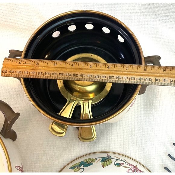 Vintage Fondue Pot With Burner Beautiful Floral Pattern Collectable Enamelware - Picture 5 of 15